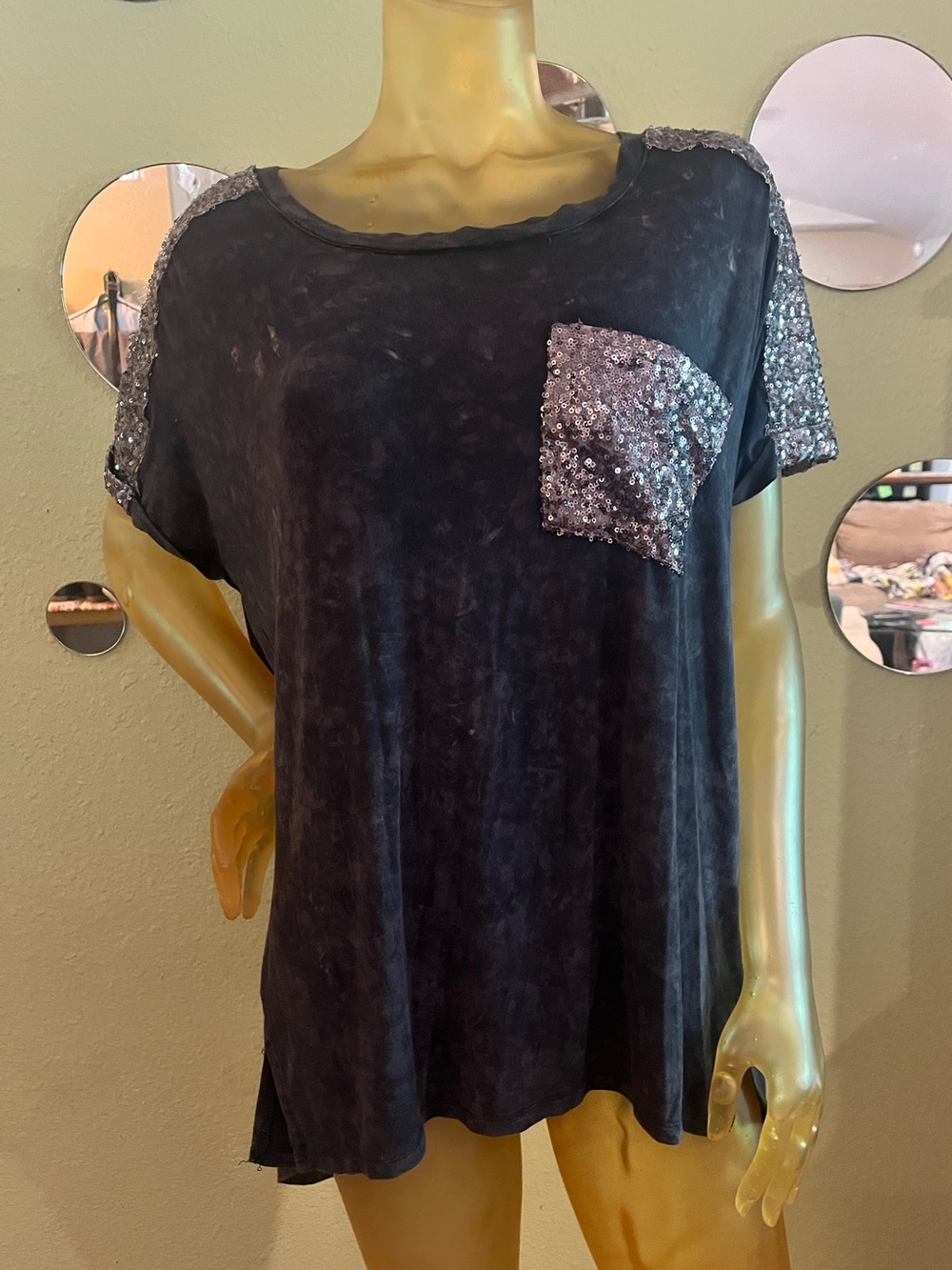 POL Sequin Pocket and Shoulders Short Sleeve Top